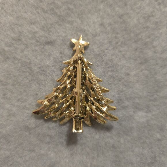 Signed Tancer II Gold Toned Rhinestone Christmas Tree Lapel Pin Brooch Red Green - Picture 3 of 7